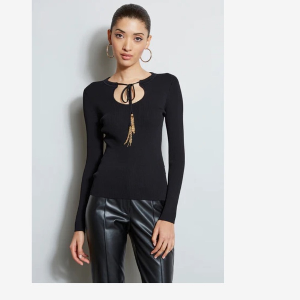 Elie Tahari Black Long Sleeve Knit Top with Gold Tie Tassels